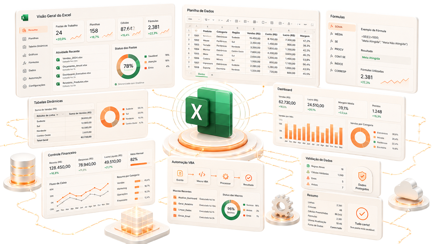 Representação visual de Excel avançado, planilhas e automação de relatórios