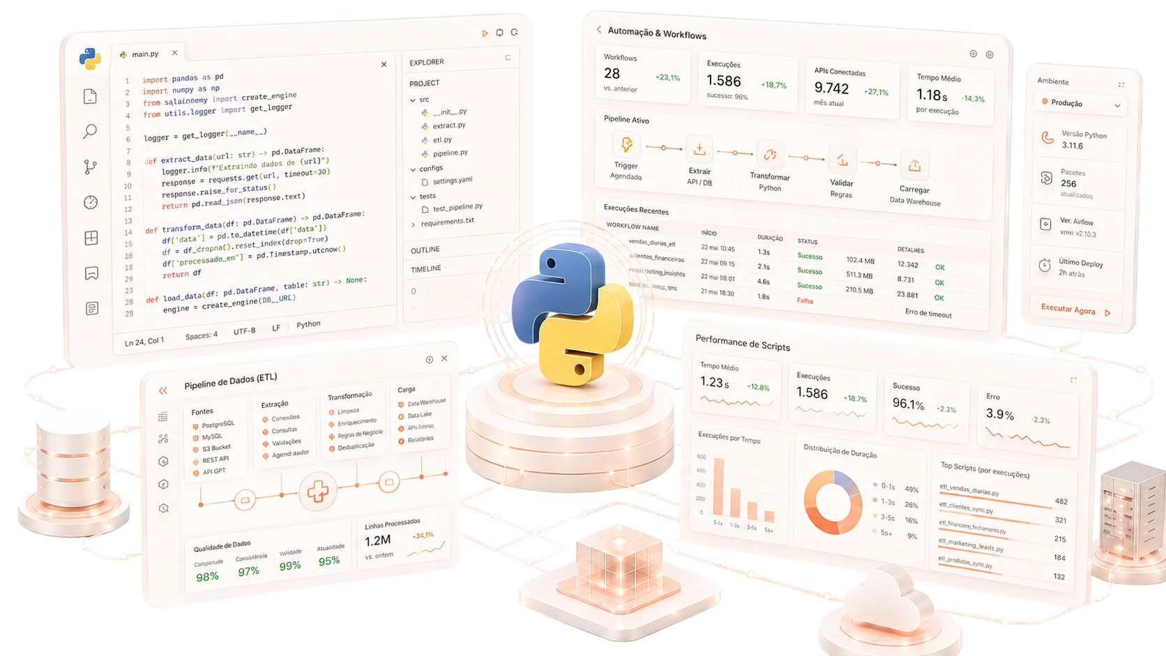 Representação visual de desenvolvimento Python, automações e sistemas internos